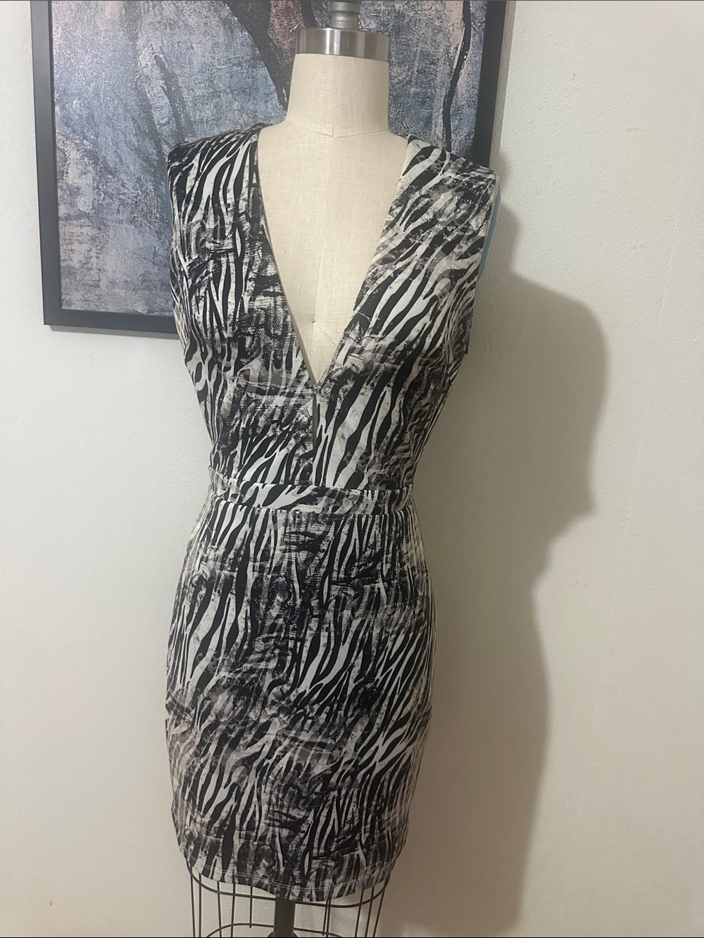 bebe Black & White Zebra-Print V-Neck Mini Dress